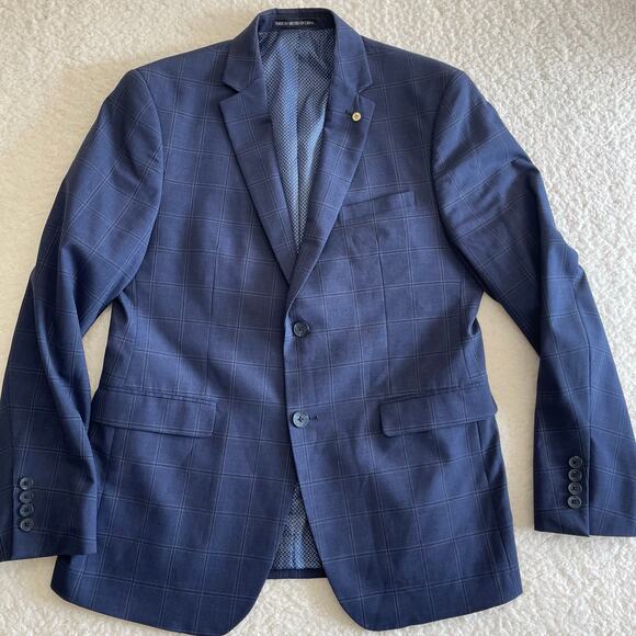 Original Penguin Men’s 40R Blue Windowpane Blazer Coat Wool Jacket Lapel Pin - Picture 1 of 8